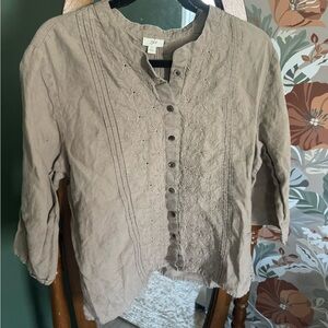 100% Linen J. Jill Embroidered Button Down Feminine Blouse